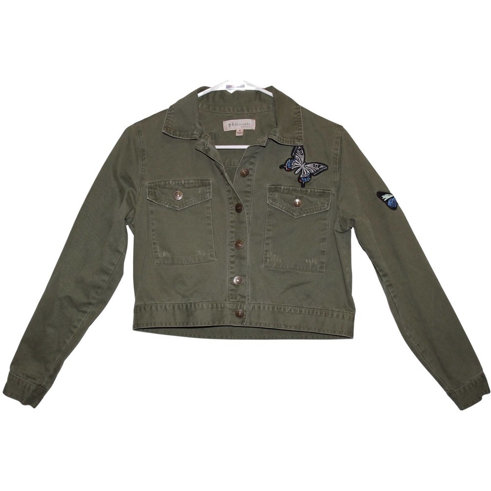 Womens Philosophy Green Cotton Butterfly Cropped Long Sleeve Jacket Size S Small